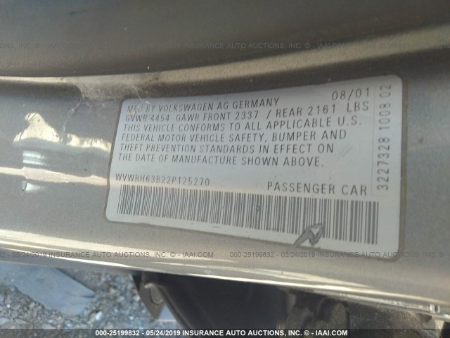 WVWRH63B22P125270 - 2002 VOLKSWAGEN PASSAT GLX GRAY photo 9