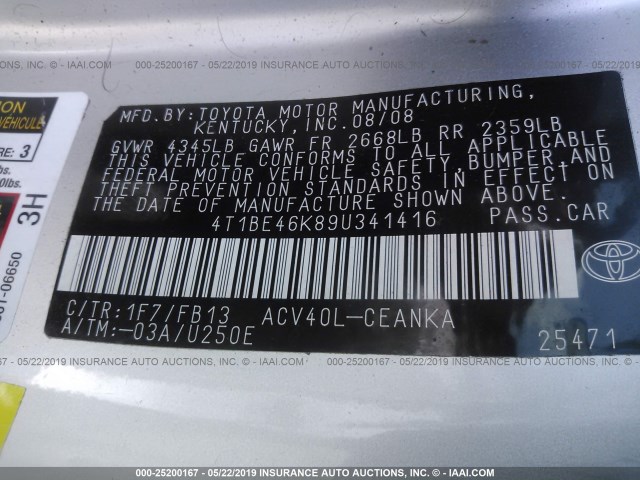 4T1BE46K89U341416 - 2009 TOYOTA CAMRY SE/LE/XLE SILVER photo 9