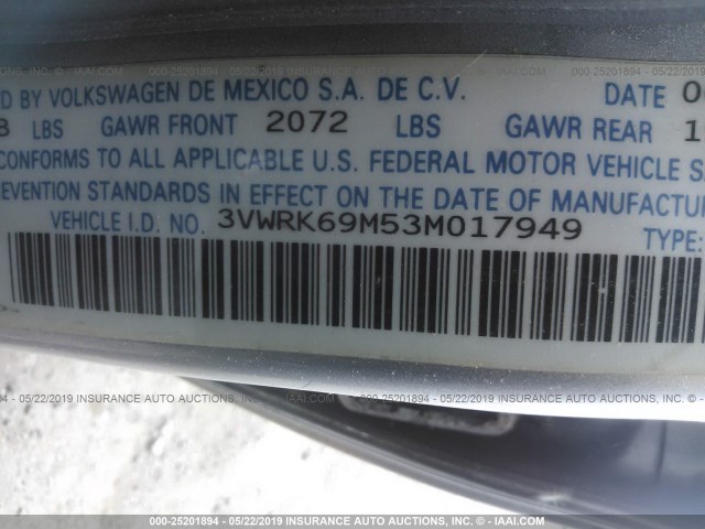 3VWRK69M53M017949 - 2003 VOLKSWAGEN JETTA GL SILVER photo 9