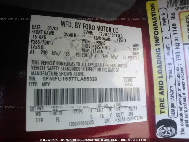 1FMFU16577LA88329 - 2007 FORD EXPEDITION XLT RED photo 9
