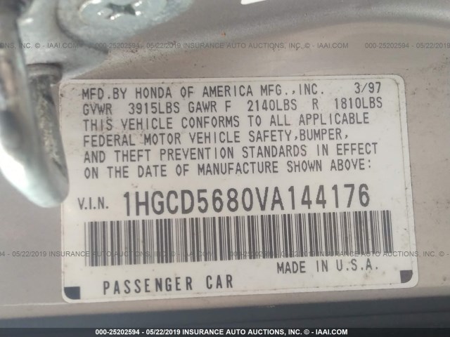 1HGCD5680VA144176 - 1997 HONDA ACCORD VALUE SILVER photo 9