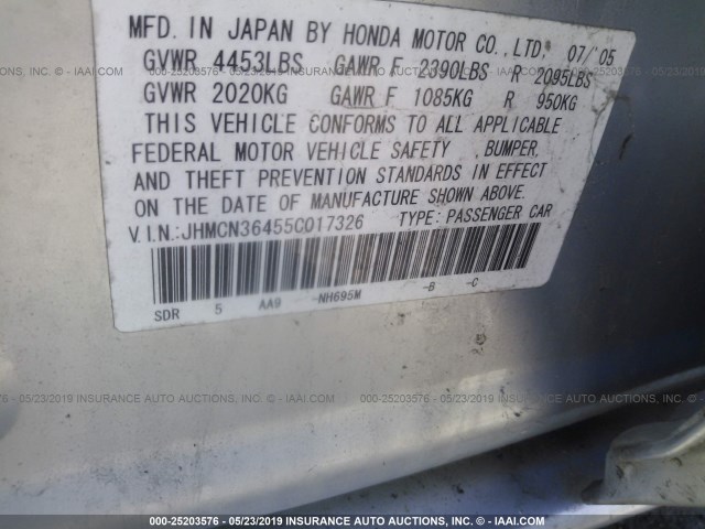 JHMCN36455C017326 - 2005 HONDA ACCORD HYBRID SILVER photo 9