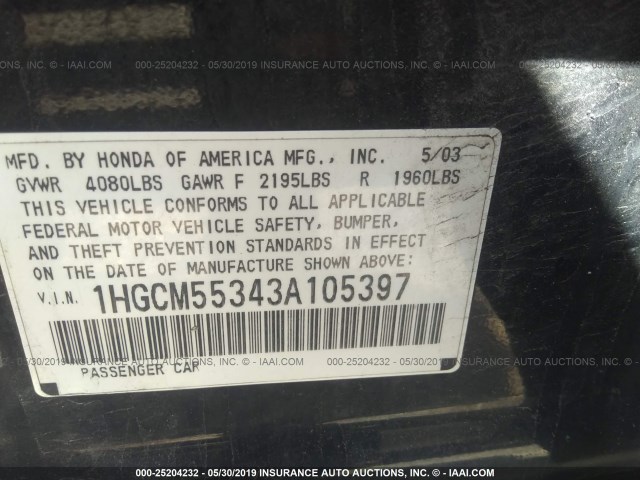 1HGCM55343A105397 - 2003 HONDA ACCORD LX BLACK photo 9