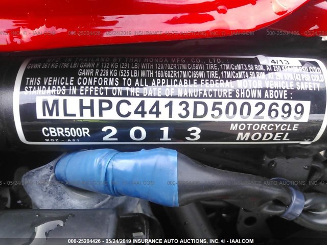 MLHPC4413D5002699 - 2013 HONDA CBR500 R RED photo 10