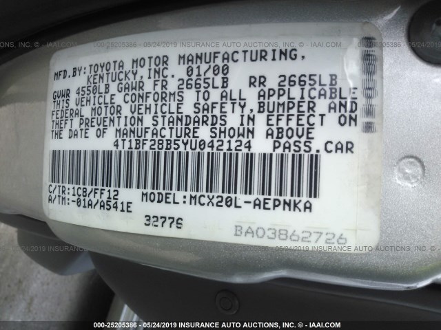 4T1BF28B5YU042124 - 2000 TOYOTA AVALON XL/XLS SILVER photo 9