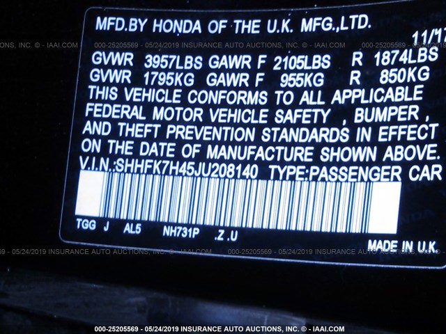SHHFK7H45JU208140 - 2018 HONDA CIVIC SPORT 黑色 照片 9