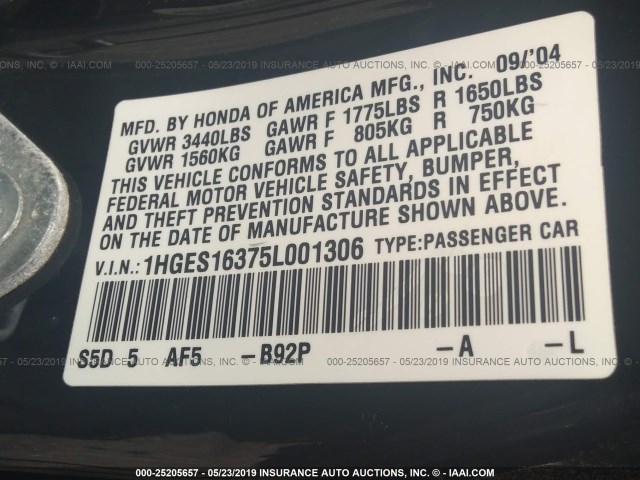 1HGES16375L001306 - 2005 HONDA CIVIC DX VP Qara foto 9