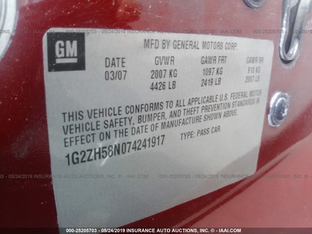 1G2ZH58N074241917 - 2007 PONTIAC G6 GT RED photo 9