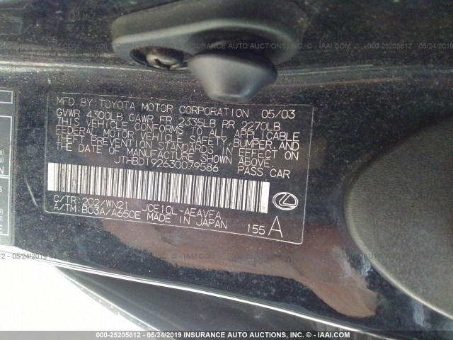 JTHBD192630079586 - 2003 LEXUS IS 300 BLACK photo 9