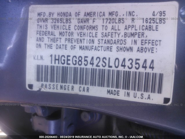 1HGEG8542SL043544 - 1995 HONDA CIVIC DX/LX BLUE photo 9