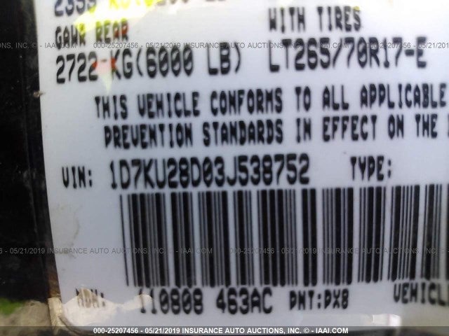 1D7KU28D03J538752 - 2003 DODGE RAM 2500 ST/SLT BLACK photo 9