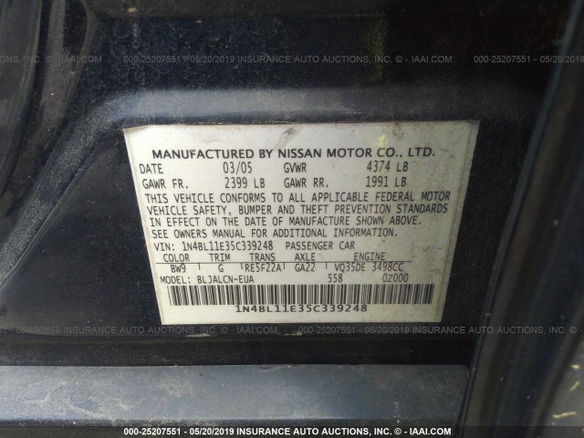 1N4BL11E35C339248 - 2005 NISSAN ALTIMA SE/SL/SE-R BLUE photo 9