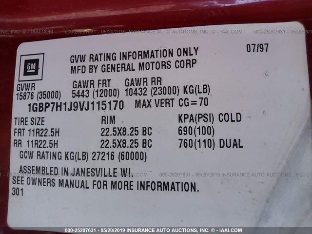 1GBP7H1J9VJ115170 - 1997 CHEVROLET C-SERIES C7H042 RED photo 9