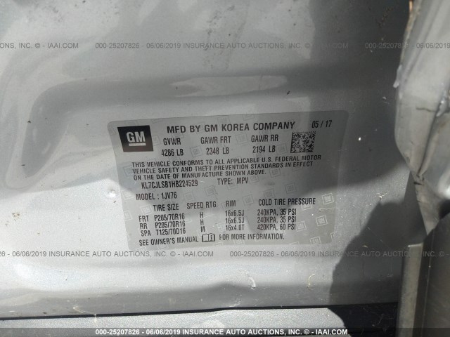 KL7CJLSB1HB224529 - 2017 CHEVROLET TRAX SILVER photo 9