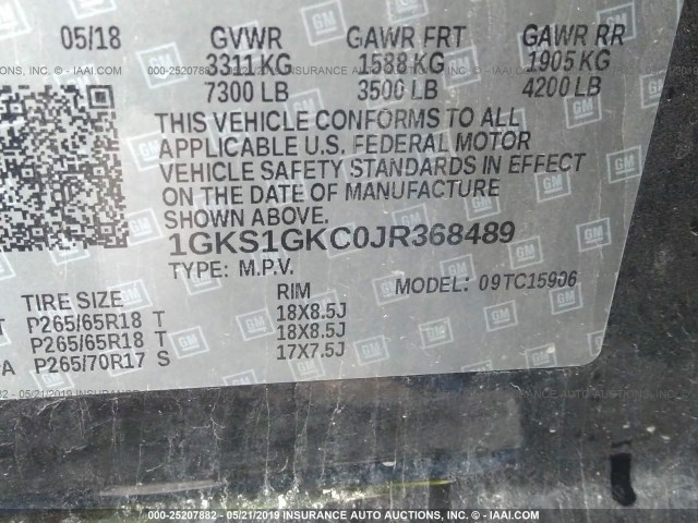 1GKS1GKC0JR368489 - 2018 GMC YUKON XL C1500 SLT BLACK photo 9