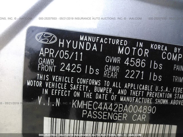 KMHEC4A42BA004890 - 2011 HYUNDAI SONATA HYBRID SILVER photo 9