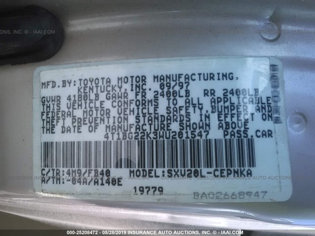 4T1BG22K3WU201547 - 1998 TOYOTA CAMRY CE/LE/XLE 灰色 照片 9