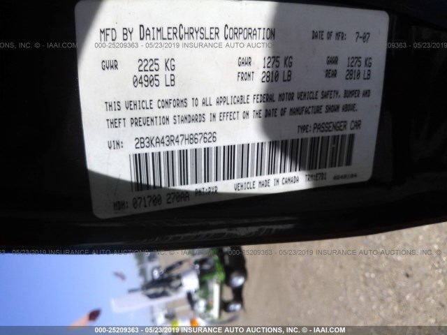 2B3KA43R47H867626 - 2007 DODGE CHARGER SE/SXT BLACK photo 9