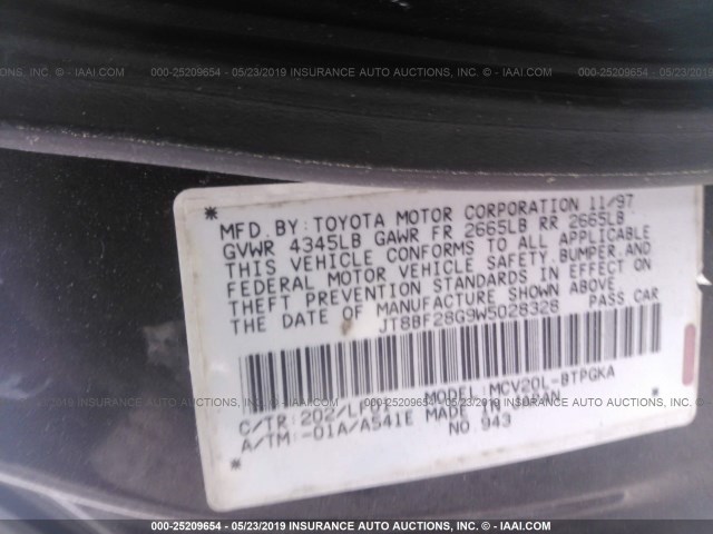 JT8BF28G9W5028328 - 1998 LEXUS ES 300 BLACK photo 9