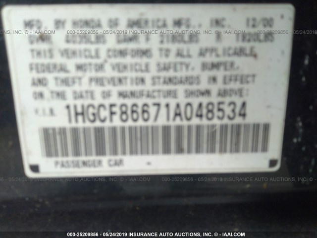 1HGCF86671A048534 - 2001 HONDA ACCORD VALUE GREEN photo 9