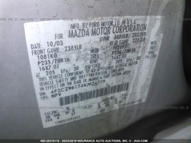 4F2CZ96174KM24759 - 2004 MAZDA TRIBUTE ES 银色 照片 9