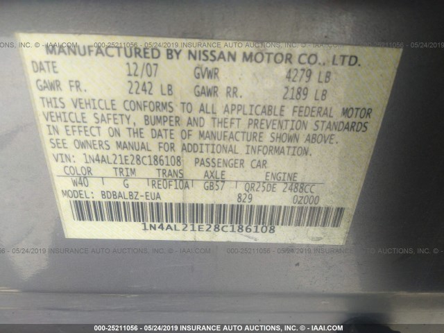 1N4AL21E28C186108 - 2008 NISSAN ALTIMA 2.5/2.5S SILVER photo 9