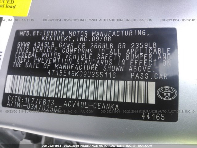 4T1BE46K09U355116 - 2009 TOYOTA CAMRY SE/LE/XLE SILVER photo 9