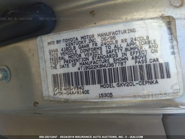 4T1BG22K8WU367787 - 1998 TOYOTA CAMRY CE/LE/XLE GOLD photo 9