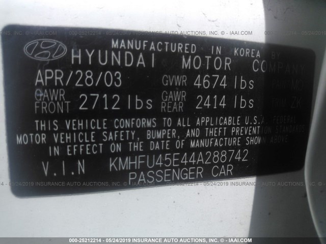 KMHFU45E44A288742 - 2004 HYUNDAI XG 350 WHITE photo 9