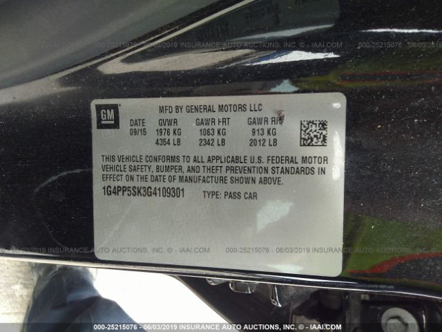 1G4PP5SK3G4109301 - 2016 BUICK VERANO  Black photo 9