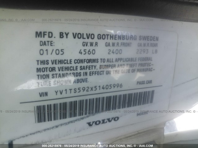 YV1TS592X51405996 - 2005 VOLVO S80 2.5T WHITE photo 9