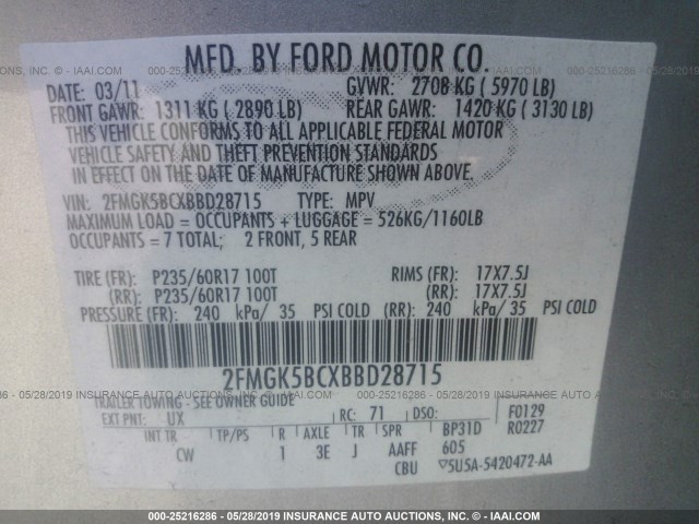 2FMGK5BCXBBD28715 - 2011 FORD FLEX SE SILVER photo 9