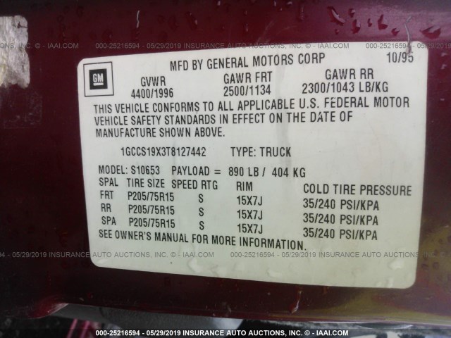 1GCCS19X3T8127442 - 1996 CHEVROLET S TRUCK S10 BURGUNDY photo 9