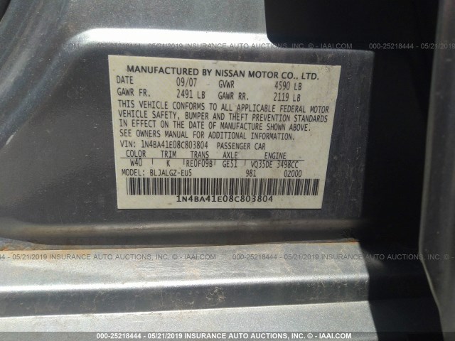 1N4BA41E08C803804 - 2008 NISSAN MAXIMA SE/SL GRAY photo 9