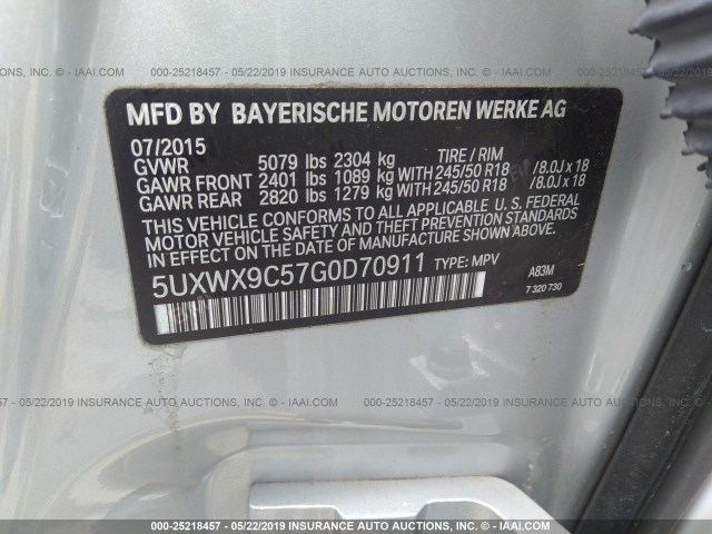 5UXWX9C57G0D70911 - 2016 BMW X3 XDRIVE28I SILVER photo 9