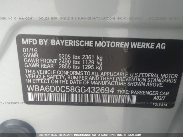 WBA6D0C58GG432694 - 2016 BMW 640 I/GRAN COUPE SILVER photo 9