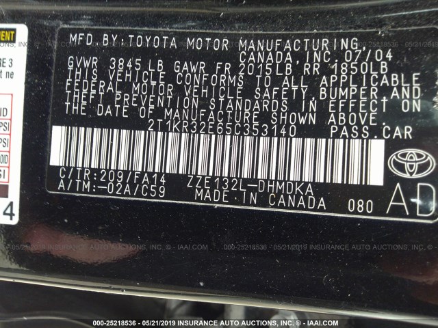 2T1KR32E65C353140 - 2005 TOYOTA COROLLA MATRIX XR BLACK photo 9