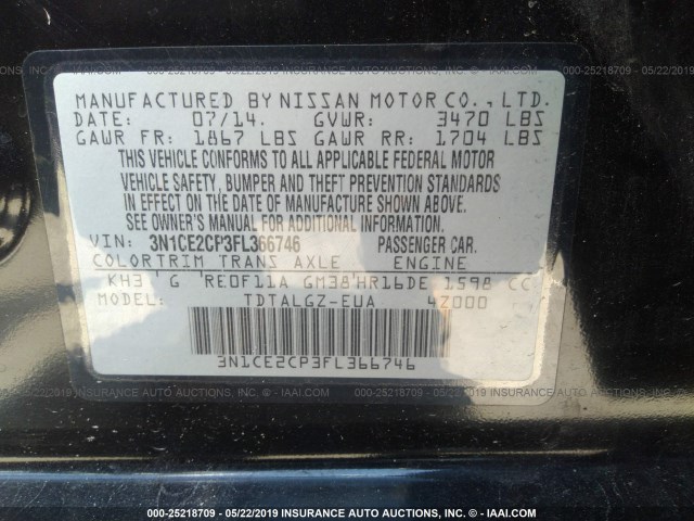 3N1CE2CP3FL366746 - 2015 NISSAN VERSA NOTE BLACK photo 9