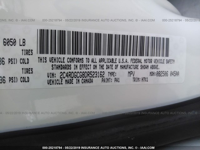 2C4RDGCG8DR523162 - 2013 DODGE GRAND CARAVAN SXT WHITE photo 9