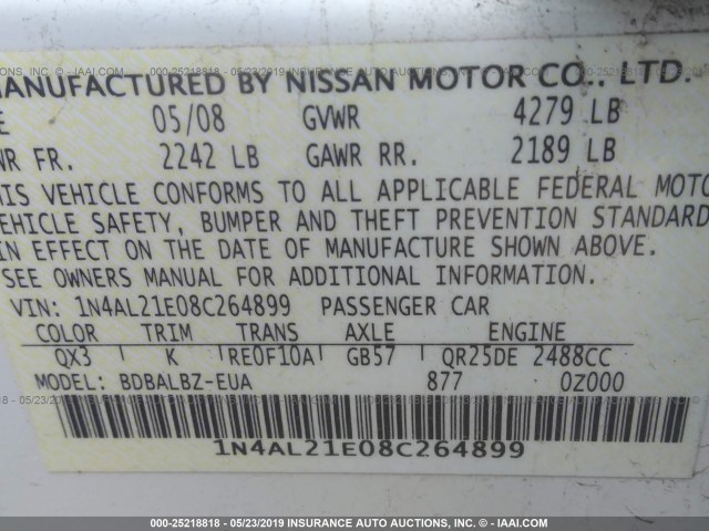 1N4AL21E08C264899 - 2008 NISSAN ALTIMA 2.5/2.5S WHITE photo 9