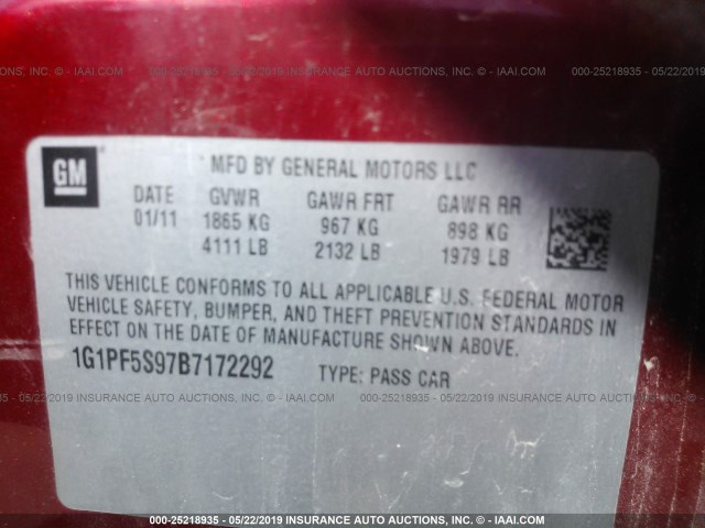 1G1PF5S97B7172292 - 2011 CHEVROLET CRUZE RED photo 9