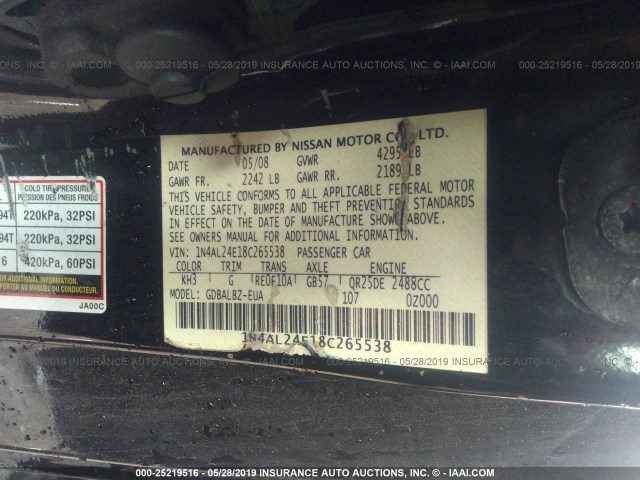 1N4AL24E18C265538 - 2008 NISSAN ALTIMA 2.5S BLACK photo 9