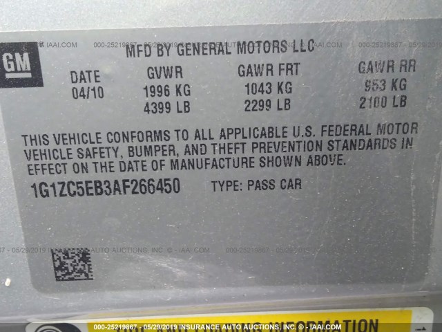 1G1ZC5EB3AF266450 - 2010 CHEVROLET MALIBU 1LT 银色 照片 9