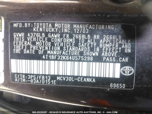 4T1BF32K64U575298 - 2004 TOYOTA CAMRY LE/XLE/SE BROWN photo 9