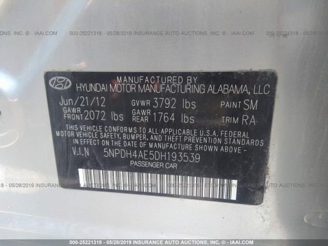 5NPDH4AE5DH193539 - 2013 HYUNDAI ELANTRA GLS/LIMITED SILVER photo 9