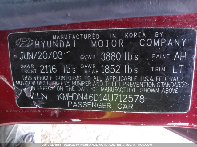 KMHDN46D14U712578 - 2004 HYUNDAI ELANTRA GLS/GT RED photo 9