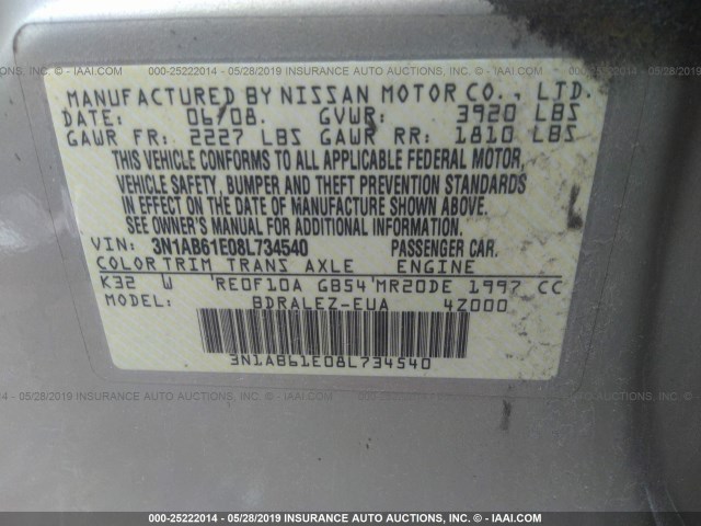 3N1AB61E08L734540 - 2008 NISSAN SENTRA 2.0/2.0S/2.0SL SILVER photo 9