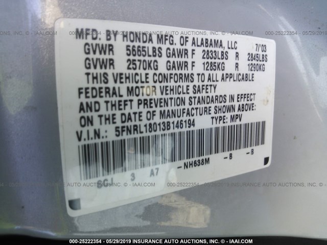 5FNRL18013B146194 - 2003 HONDA ODYSSEY EXL SILVER photo 9