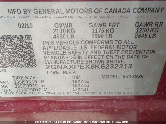 2GNAXPEX6K6232313 - 2019 CHEVROLET EQUINOX PREMIER RED photo 9