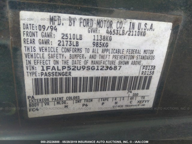 1FALP52U9SG123687 - 1995 FORD TAURUS GL/SE GREEN photo 9